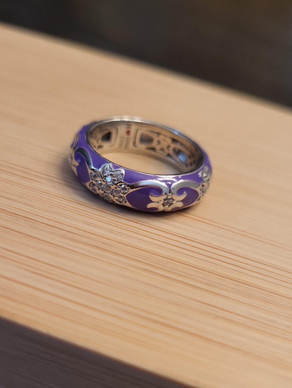 Sterling Silver 925 Purple Enamel CZ Floral wide band ring - Picture 4 of 12